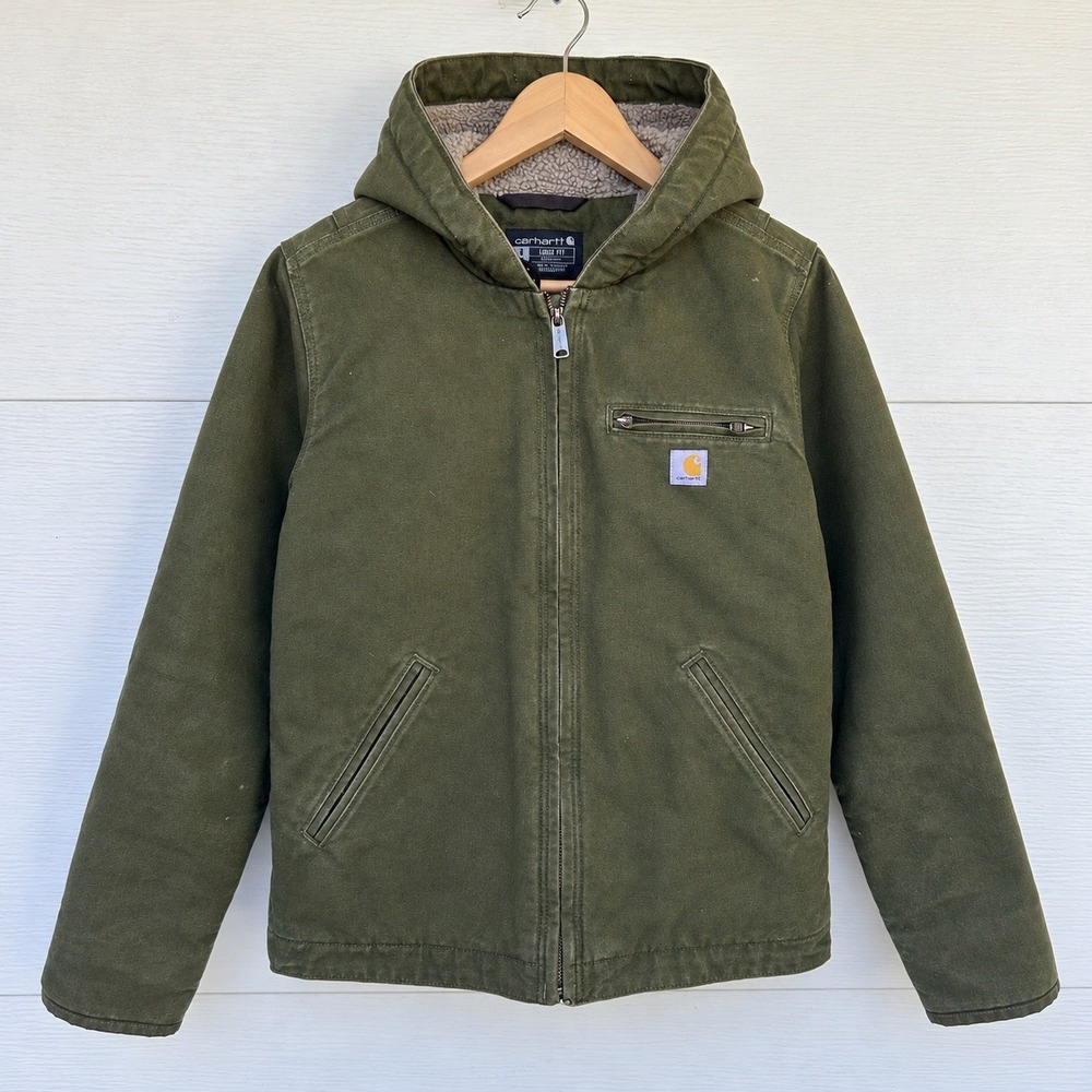 Carhartt Jacket Small Moss Green Washed Duck Sherpa Lined Hooded OJ4392-W Loose